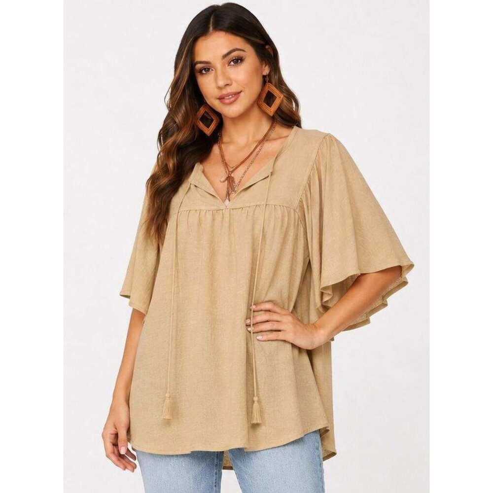 NWT GIGIO S 4 6 8 Sahara Sand Frayed Oversized Boho Chic Tassel Trim Top Flowy